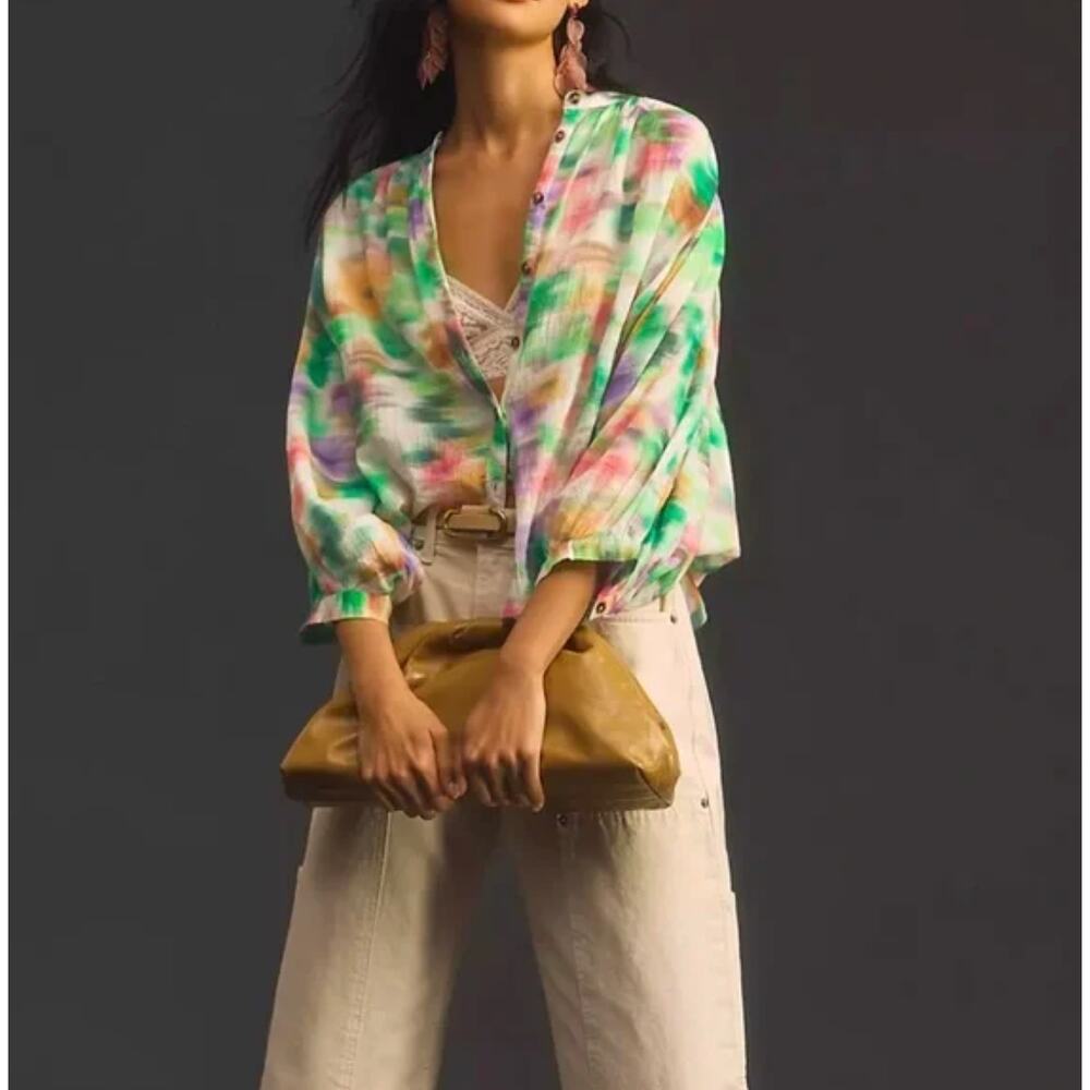 NWT Anthropologie Pilcro Kelly Green Watercolor Sidney Batwing Blouse Size XS